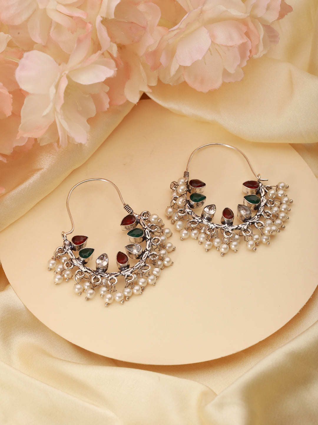 Silver Oxidised Red & Green   Stone & Pearl Beaded Handcrafted  Chandbali Dangler Earrings.